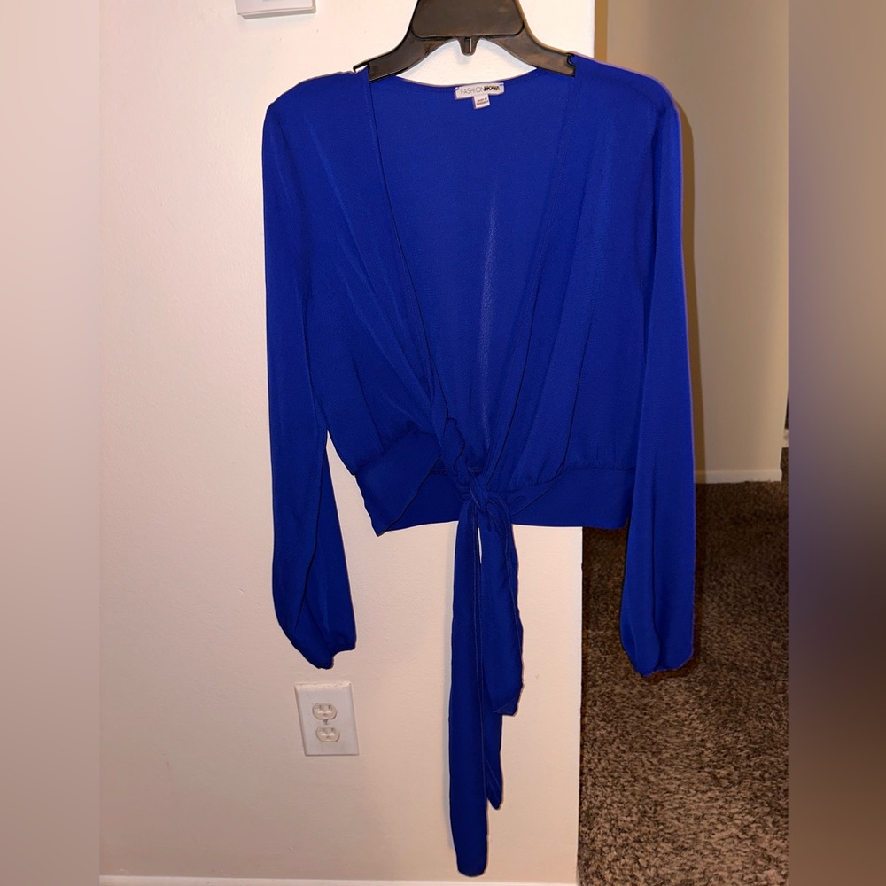 Fashion Nova Long Sleeve Wrap Blouse - Blue